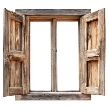 A weathered wooden window with open shutters reveals a dark background, showcasing its rustic charm and aged texture.