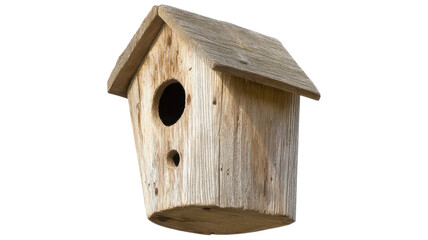 Wooden birdhouse with rustic charm against a black background.