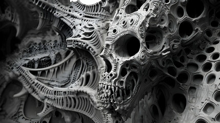 Monochrome skull within intricate, biomechanical structure; surreal 3D render, abstract background, ideal for fantasy art