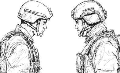 Wall Mural - Sketch of two soldiers facing each other in military helmets.