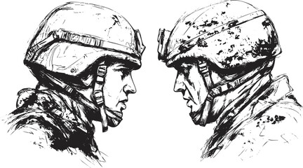 Wall Mural - Illustration of two soldiers facing each other in helmets.