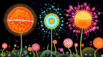 Wall Mural - Neon bioluminescent flowers glow in dark fantasy garden; vibrant digital art for website banner.