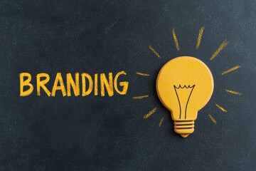 Creative branding concept with a yellow wooden lightbulb and chalkboard text