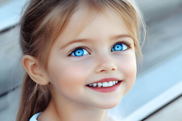 Cute Child Smiles Brightly with Sparkling Blue Eyes