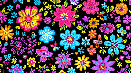 Wall Mural - Vibrant floral seamless pattern, colorful flowers, black background, textile design, digital artwork.