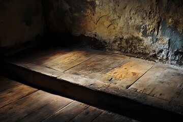 Wall Mural - Rustic wooden platform, attic, grunge wall, spotlight, product display