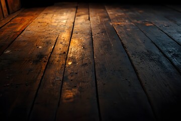 Wall Mural - Rustic wooden floor, lit, dark background, texture, product display