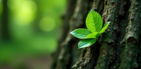 Close-up of a single leaf on a large tree trunk, foliage, tree