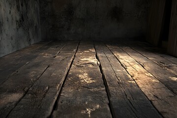 Dark, rustic wooden floor in a grungy room; spotlight; product display