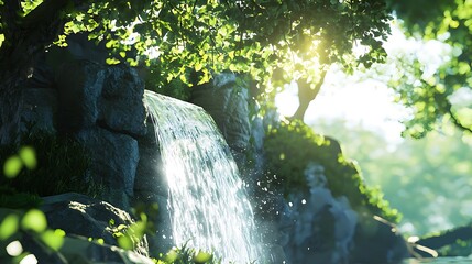 Wall Mural - A waterfall is flowing down a rocky hillside, with the sun shining on the water