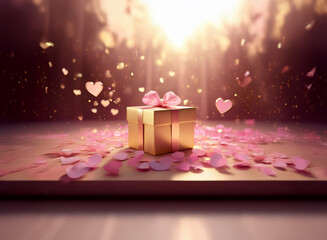 Canvas Print - A golden gift box sits on a platform, surrounded by pink hearts and petals.  Warm light beams down, creating a romantic and celebratory atmosphere.