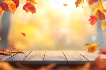 Canvas Print - Autumn leaves fall on wooden table, blurred park background, product display