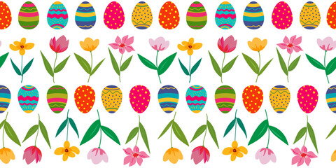 Wall Mural - seamless vector pattern with colorful easter easter eggs and flowers - tulips and daffodils arranged