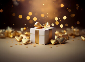 Canvas Print - A white gift box with a gold ribbon sits amidst golden hearts and bokeh lights, suggesting a romantic or celebratory occasion.  The scene is warm and inviting.