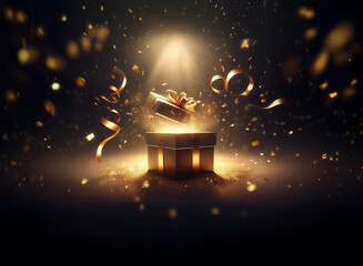 Poster - A golden gift box glows, magically opened, amidst swirling confetti and a spotlight's beam.  The scene evokes wonder and celebration.