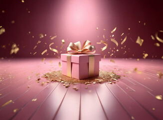 Canvas Print - A pink gift box with a gold ribbon sits on a pink wooden floor, surrounded by falling gold confetti.  A spotlight illuminates the scene, creating a celebratory atmosphere.