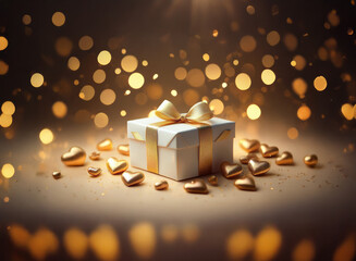 Canvas Print - A white gift box with a gold ribbon sits amidst golden hearts, illuminated by a warm, soft light.  Bokeh lights create a festive backdrop.