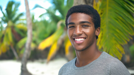 Wall Mural - Young African American man smiling against tropical backdrop. Ideal for vacation happiness, beach lifestyle, and paradise vibes