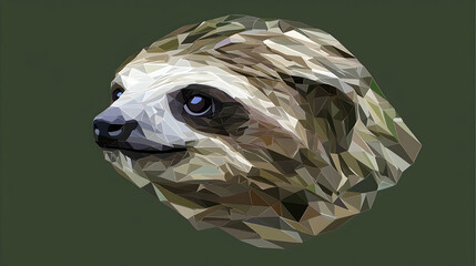 Wall Mural - Low-poly illustration of a sloth's head, facing right, against a forest background.  Possible use print or web design.