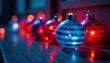 © Sathaporn - Blue and red striped Christmas balls filled with fairy lights, string, fairy lights, lights