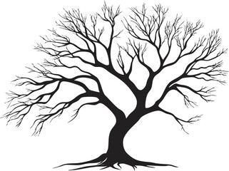 Silhouette of a leafless tree with intricate branches on white background.