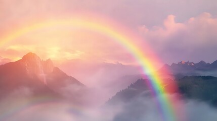 Wall Mural - A rainbow is seen in the sky above a mountain range