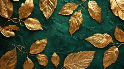 Wall Mural - Gold leaves on dark green textured background.