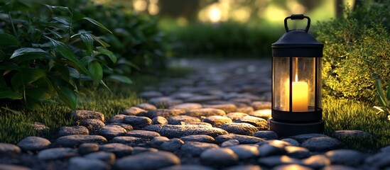 Sticker - Serene Garden Path: Illuminated Lantern on Cobblestone Walkway