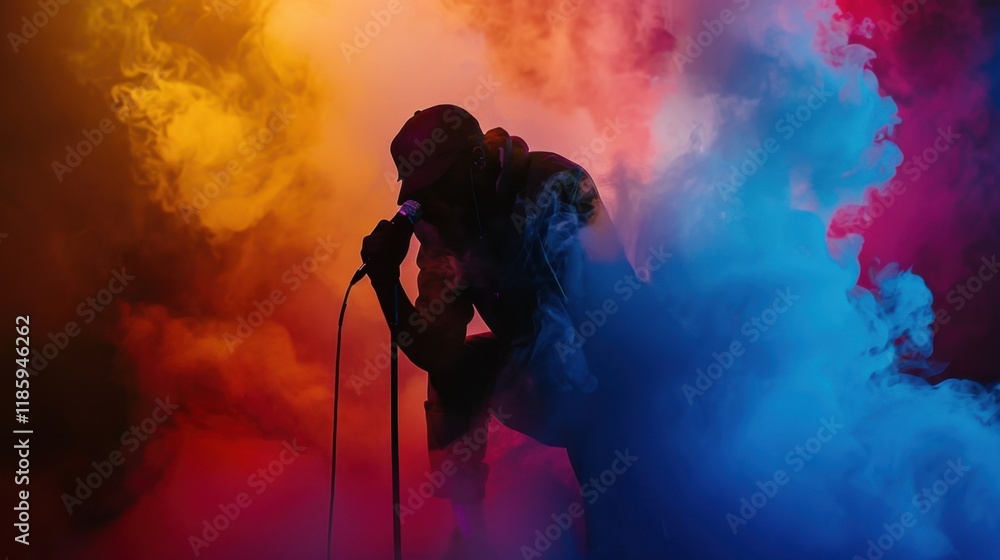 performer singing passionately in colorful smoke, creating vibrant ...
