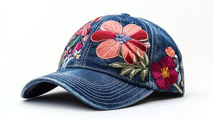 Wall Mural - Denim cap with floral embroidery, white isolate background.