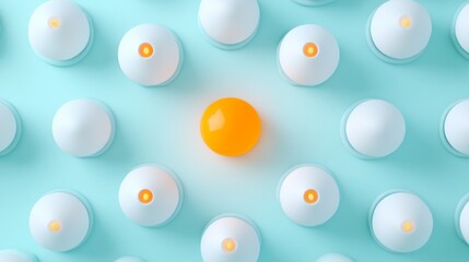 minimalist lightbulb pattern, glowing orange element, frosted white bulbs, mint blue background, per