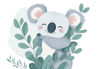 Poster - Cute koala hugging leaves in a colorful illustration showcasing its playful nature and adorable features in a tranquil setting. Generative AI