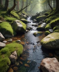 A forest stream babbles over smooth rocks and moss-covered stones, calming atmosphere, lush greenery