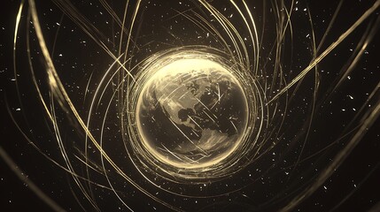 Wall Mural - a golden sphere with a globe on it is surrounded by a swirling mass of lines