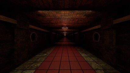 Wall Mural - camera flyby inside dark gloomy castle corridor. 3d render looped animation.