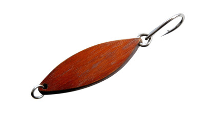 Fishing lure with a metallic hook and wooden body on a black background.