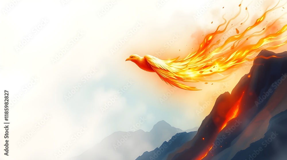 Mythical Phoenix Rising from Fiery Mountain, Ai generated images Stock ...