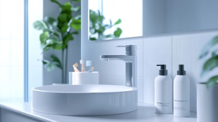 Poster - Sanitizer droplets actively working to eliminate bacteria in a modern bathroom setting with clean design elements. Generative AI