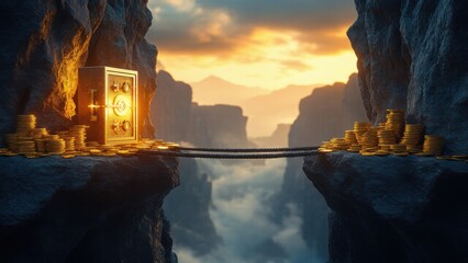 Risky path over a canyon with coins and a glowing safe at opposite ends, illustrating the daring path of risk for ultimate reward