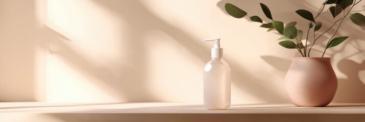 Aufkleber - Sanitizer droplets reducing bacteria on a sunny shelf with greenery nearby enhancing the clean atmosphere. Generative AI