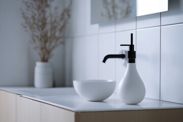 Aufkleber - Droplets of sanitizer actively eliminating bacteria in a clean bathroom setting with modern decor and minimalistic design. Generative AI