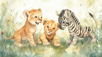 A playful scene featuring two lion cubs and a zebra in a lush, natural setting.