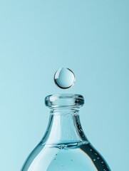 Aufkleber - Droplets of sanitizer fall from a clear bottle into a reflective pool on a soft blue background. Generative AI