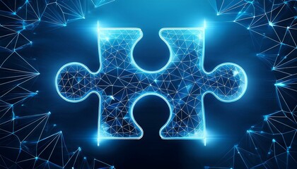 Wall Mural - connecting a jigsaw puzzle with glowing blue. low polygon or low poly design and triangle