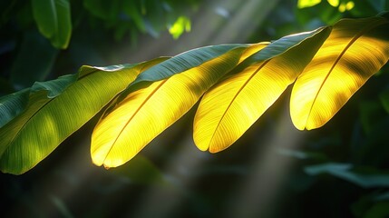 Wall Mural - Sunlit banana leaves in lush tropical foliage.