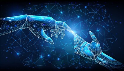Wall Mural - Robot or cyborg arm and hand human. Touch Technological concept. Low poly blue. Polygonal 