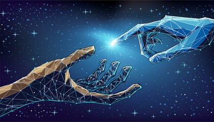 Wall Mural - Robot or cyborg arm and hand human. Touch Technological concept. Low poly blue. Polygonal 