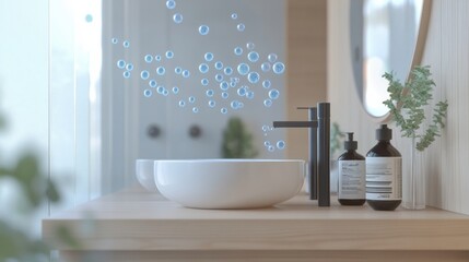 Aufkleber - Droplets of sanitizer actively combating bacteria near a modern sink in a light and airy bathroom setting. Generative AI