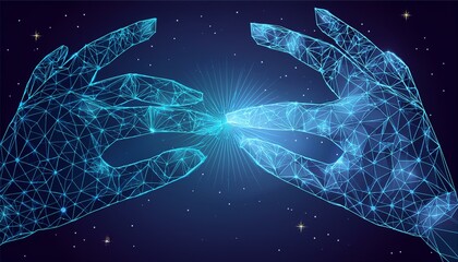 Wall Mural - Robot or cyborg arm and hand human. Touch Technological concept. Low poly blue. Polygonal 