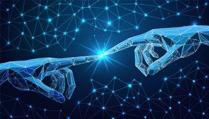 Wall Mural - Robot or cyborg arm and hand human. Touch Technological concept. Low poly blue. Polygonal 